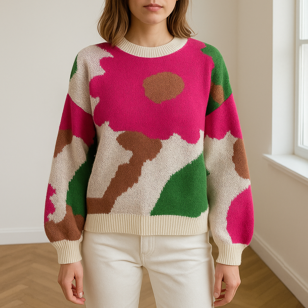 Sweter Damski | Luźny, Miękki Krój z Abstrakcyjnym Wzorem Kwiatowym