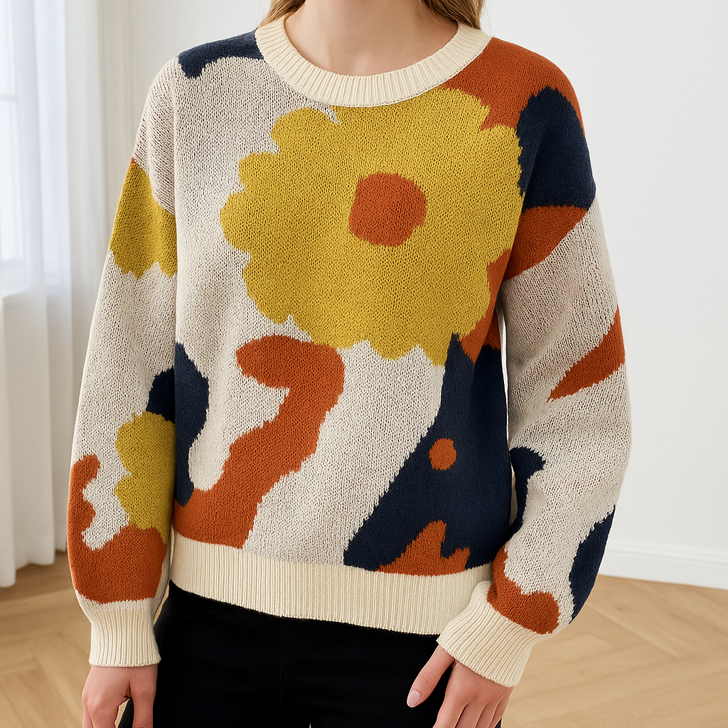 Sweter Damski | Luźny, Miękki Krój z Abstrakcyjnym Wzorem Kwiatowym