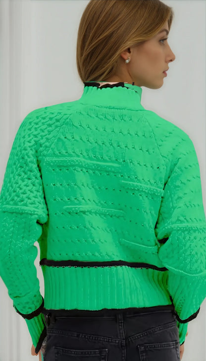 Sweter Damski | Splot Warkoczowy z Wzorem Geometrycznym i Kontrastem
