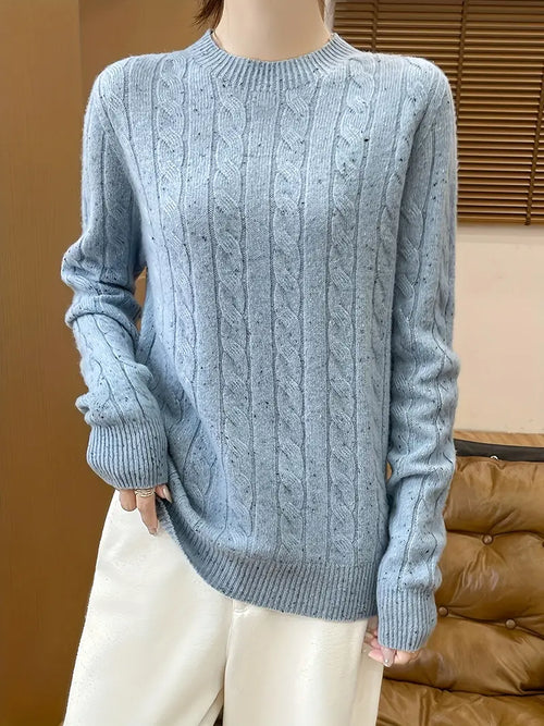 Sweter Damski | Warkoczowy Splot, Okrągły Dekolt i Prążkowany Mankiet