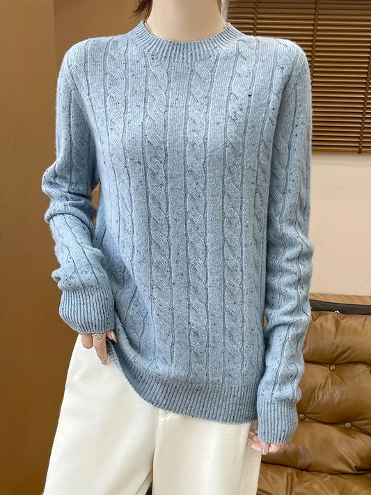 Sweter Damski | Warkoczowy Splot, Okrągły Dekolt i Prążkowany Mankiet