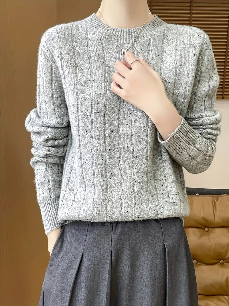 Sweter Damski | Warkoczowy Splot, Okrągły Dekolt i Prążkowany Mankiet