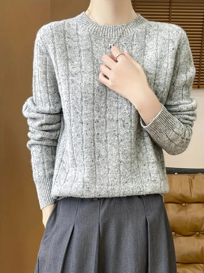 Sweter Damski | Warkoczowy Splot, Okrągły Dekolt i Prążkowany Mankiet