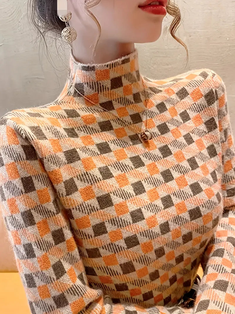Sweter Damski | Miękki Golf o Dopasowanym Kroju z Wzorem Geometrycznym