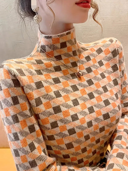Sweter Damski | Miękki Golf o Dopasowanym Kroju z Wzorem Geometrycznym