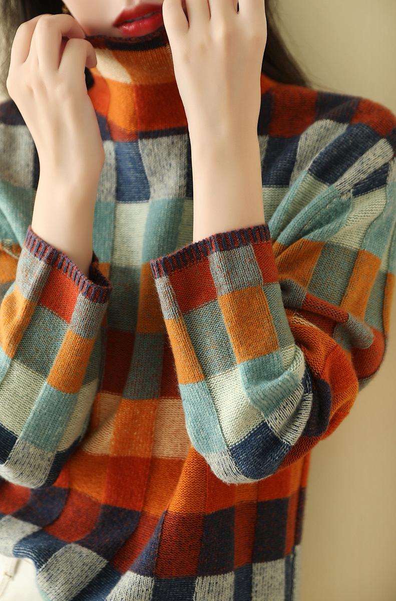 Sweter Damski | Wzór w Kratę, Oversizowy Krój i Okrągły Dekolt
