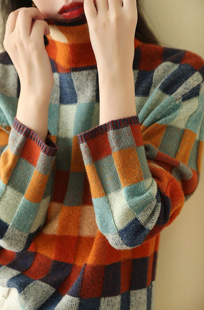 Sweter Damski | Wzór w Kratę, Oversizowy Krój i Okrągły Dekolt