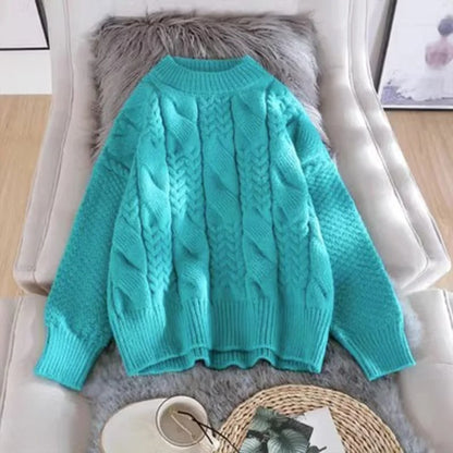 Sweter Damski | Warkoczowy Splot z Prążkowanymi Mankietami