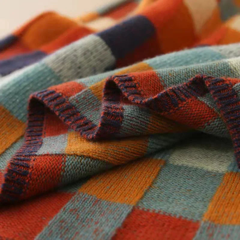Sweter Damski | Wzór w Kratę, Oversizowy Krój i Okrągły Dekolt