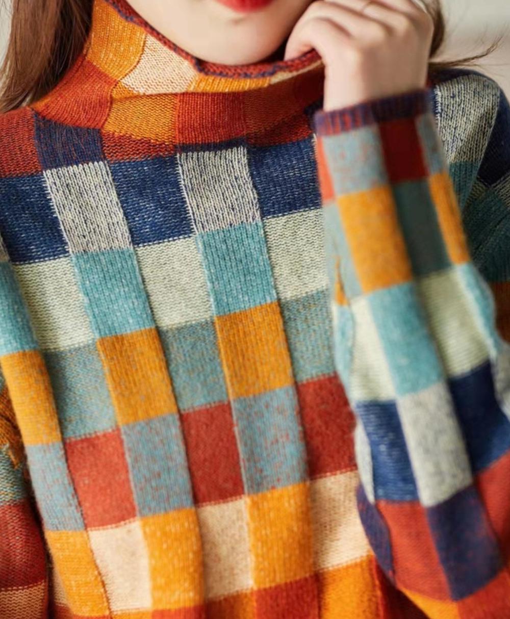 Sweter Damski | Wzór w Kratę, Oversizowy Krój i Okrągły Dekolt