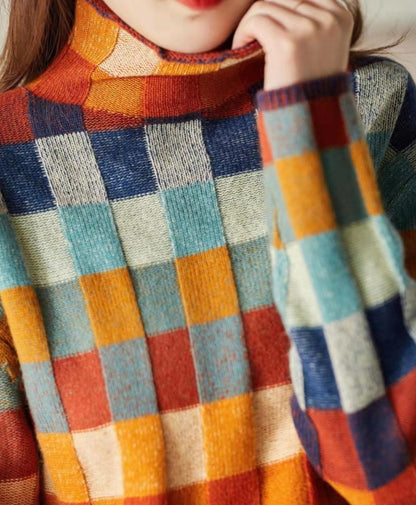Sweter Damski | Wzór w Kratę, Oversizowy Krój i Okrągły Dekolt