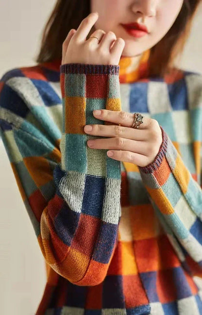 Sweter Damski | Wzór w Kratę, Oversizowy Krój i Okrągły Dekolt