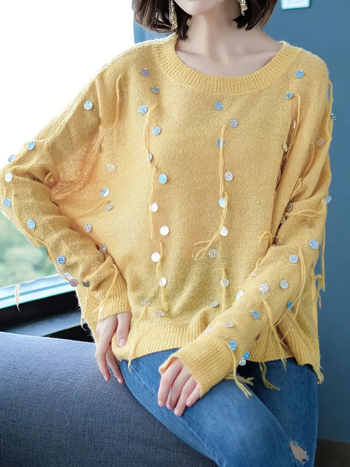 Sweter Damski | Luźny, Przewiewny Krój z Metalicznymi Zdobieniami
