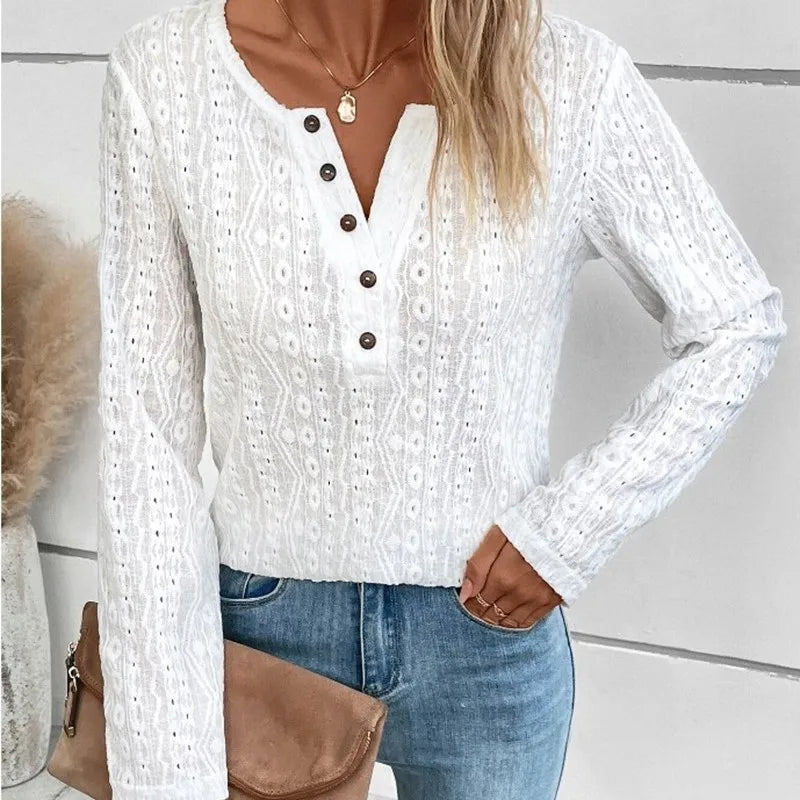 Sweter Damski | Dekolt w Szpic z Guzikami do Codziennego Noszenia