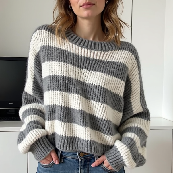 Sweter Damski | Pasiasty Wzór z Dzianinowej Faktury na Codzień