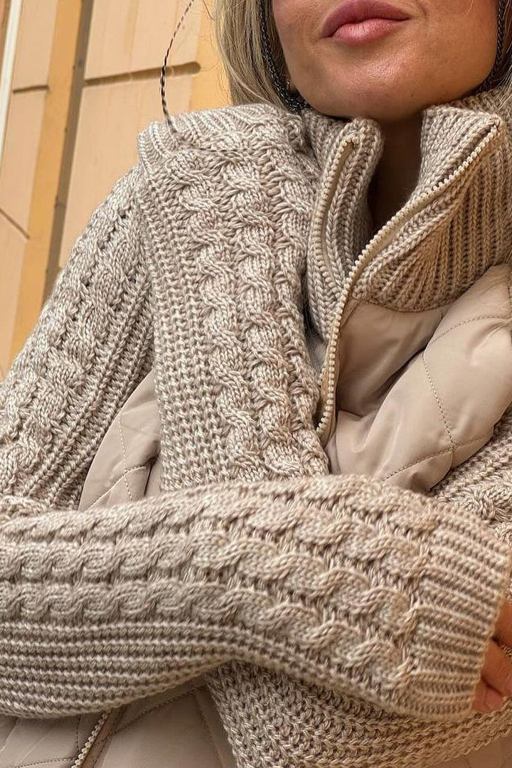 Sweter Damski | Zapinany na Zamek z Wzorem Patchworkowym z Przodu