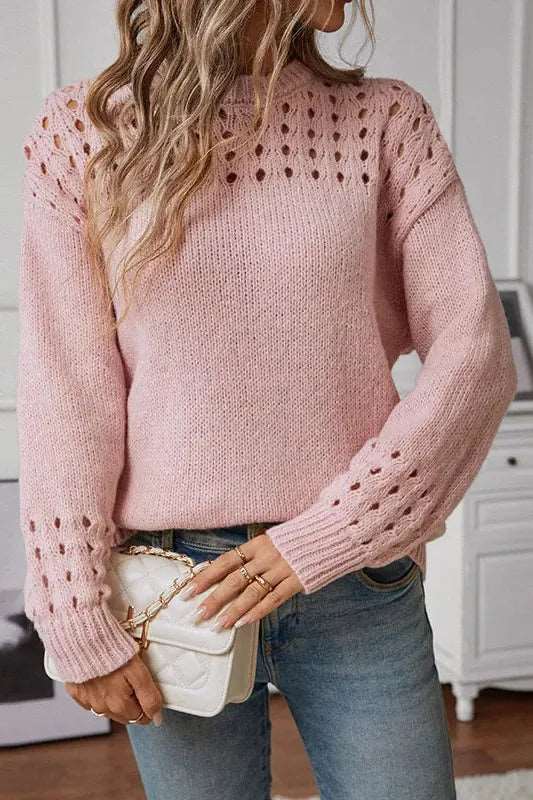 Sweter Damski | Wycięcie Ażurowe, Tkanina Wiskozowa i Długi Rękaw