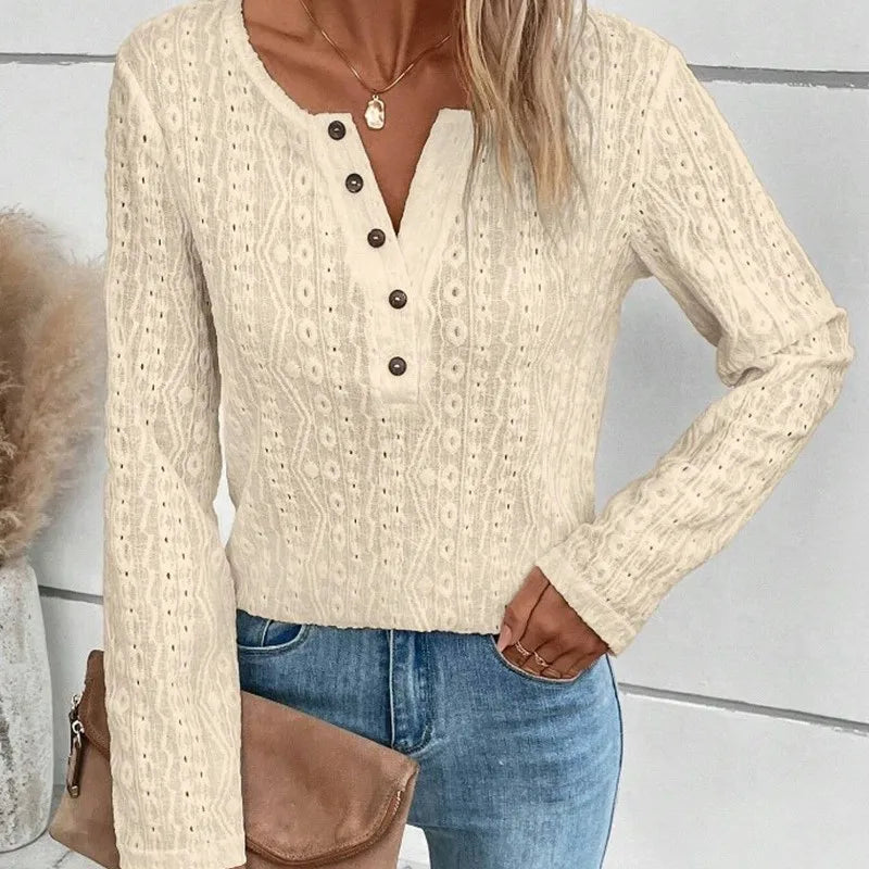 Sweter Damski | Dekolt w Szpic z Guzikami do Codziennego Noszenia