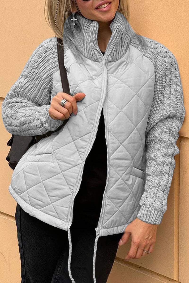 Sweter Damski | Zapinany na Zamek z Wzorem Patchworkowym z Przodu