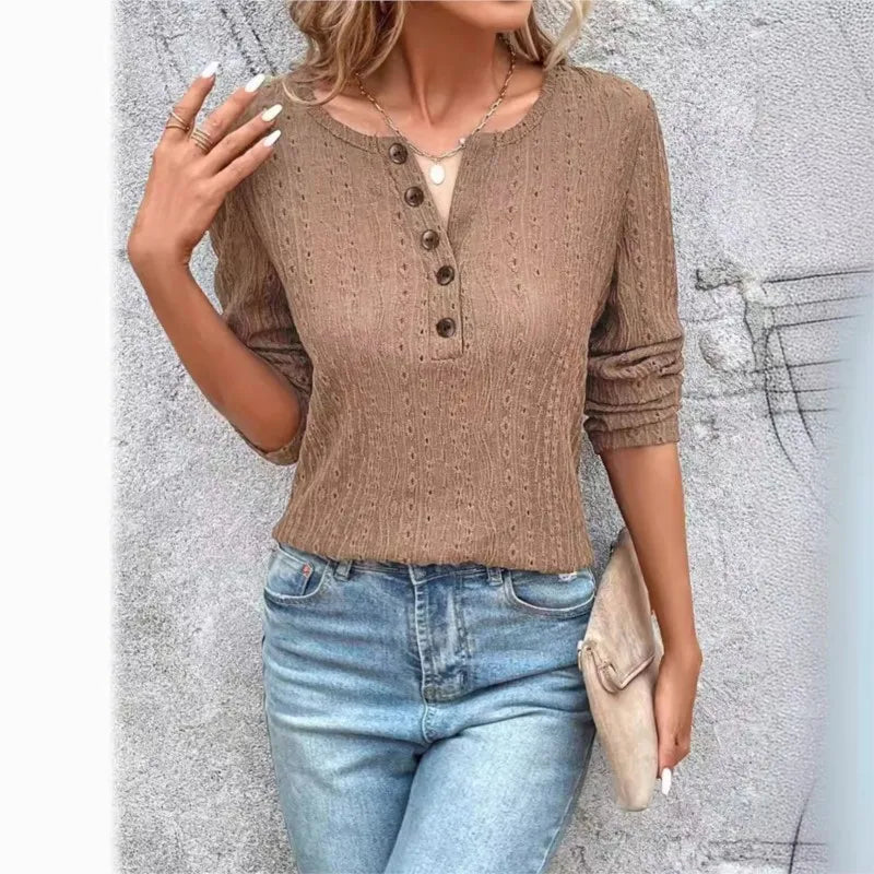 Sweter Damski | Dekolt w Szpic z Guzikami do Codziennego Noszenia