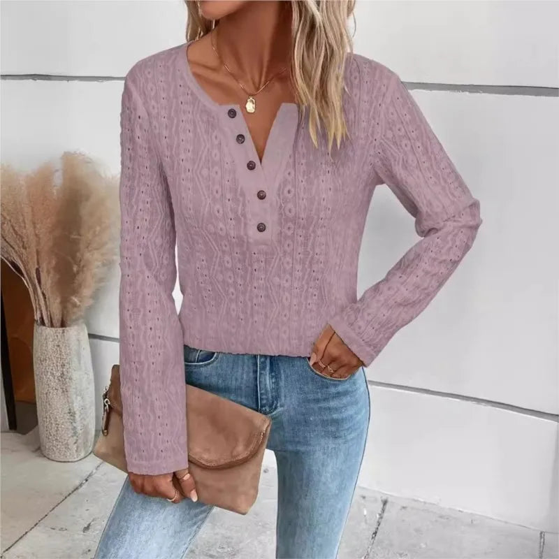 Sweter Damski | Dekolt w Szpic z Guzikami do Codziennego Noszenia