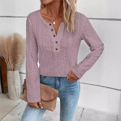 Sweter Damski | Dekolt w Szpic z Guzikami do Codziennego Noszenia