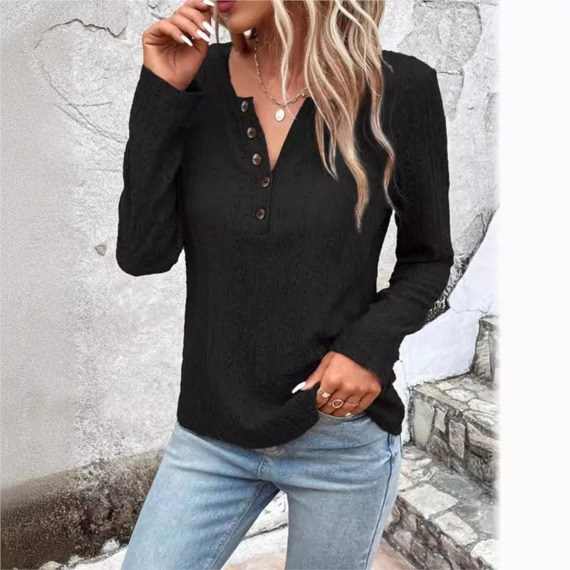 Sweter Damski | Dekolt w Szpic z Guzikami do Codziennego Noszenia