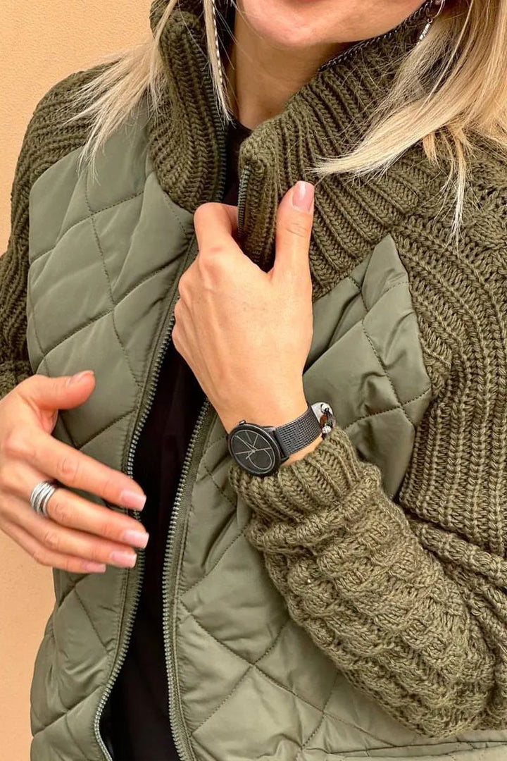 Sweter Damski | Zapinany na Zamek z Wzorem Patchworkowym z Przodu