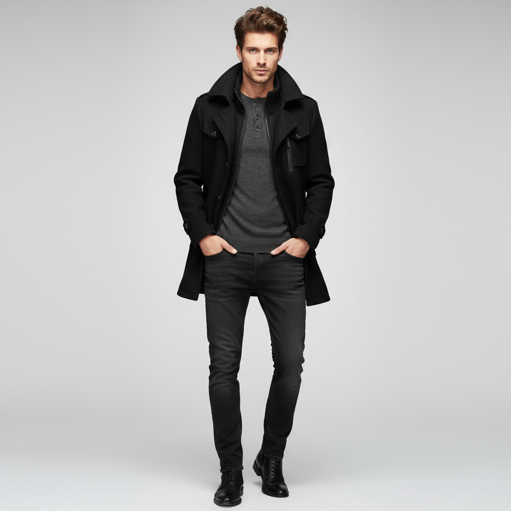 Kurtka Męska | Slim Fit, Ustrukturyzowany Kołnierz, Zamek i Guziki