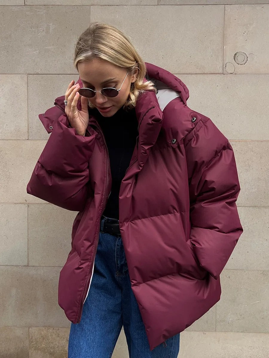 Kurtka Damska | Oversize Fit z Kapturem Chroniącym Głowę przed Wiatrem
